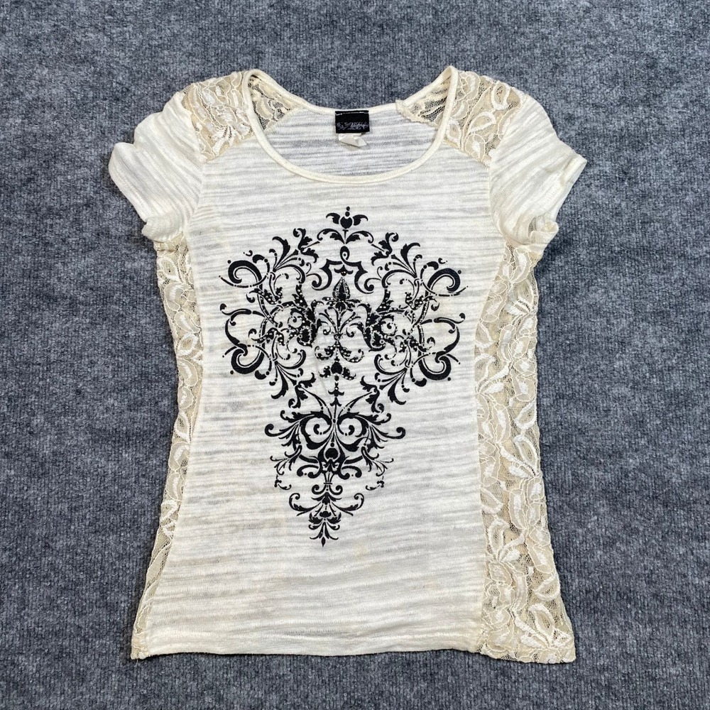 Daytrip Womens Cream Black Damask Graphic Lace Inset Short Sleeve Top XS